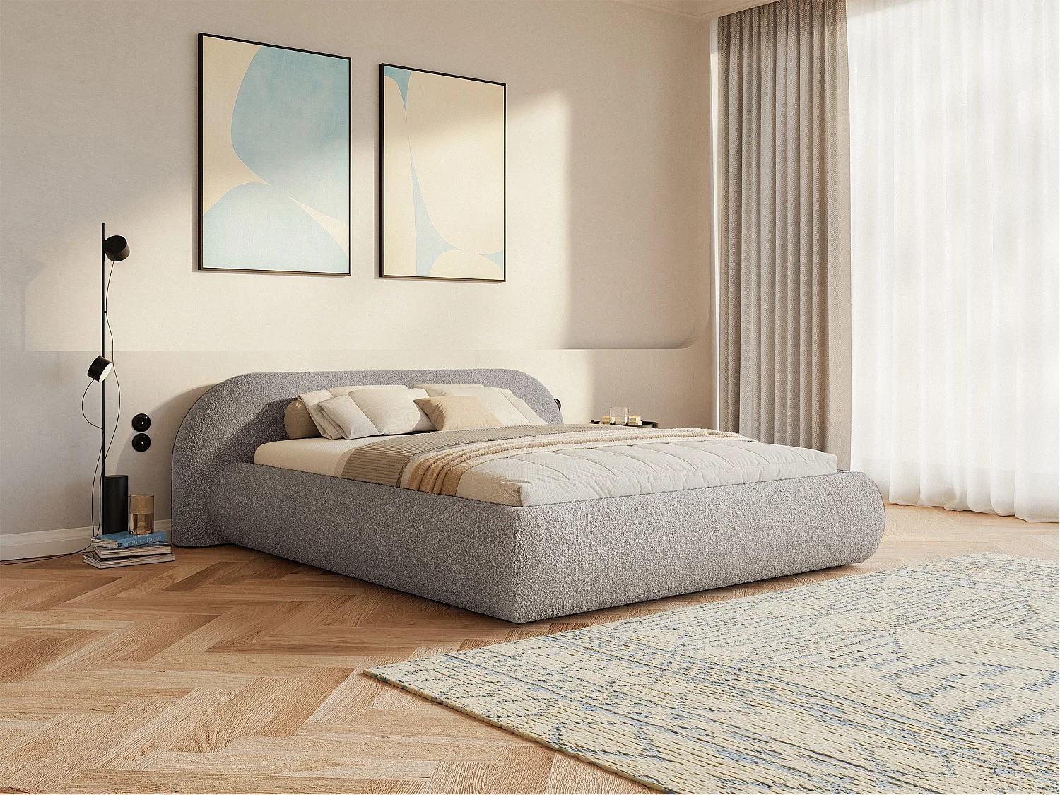 Lit rembourré 140x200 – en bouclé – gris beige – SHELS LOW