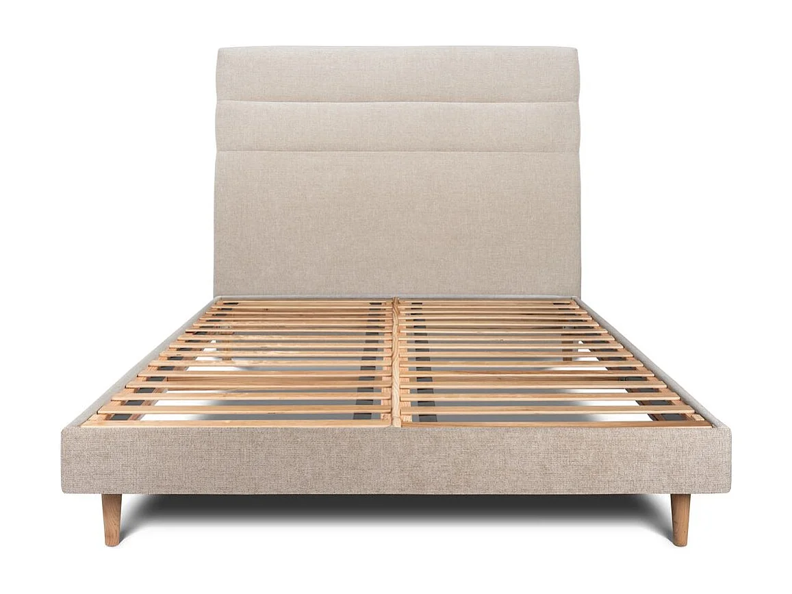 Lit 200x200cm avec tête de lit lignes tissu et sommier kit beige brun - Hauteur totale : 29cm