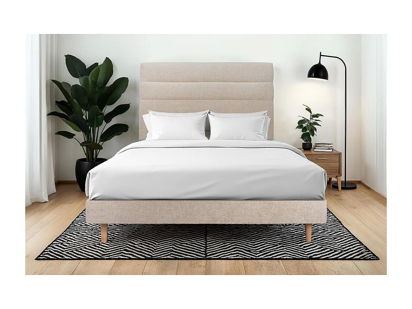 Lit 200x200cm avec tête de lit lignes tissu et sommier kit beige brun - Hauteur totale : 29cm