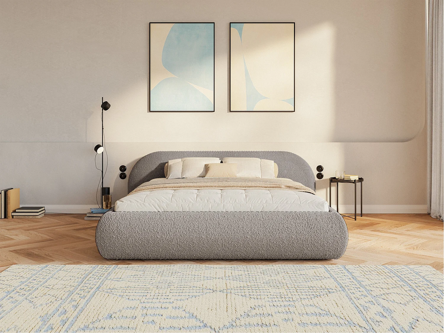 Polsterbett 160x200 mit Bettkasten – Bouclé – Graubeige – SHELS LOW