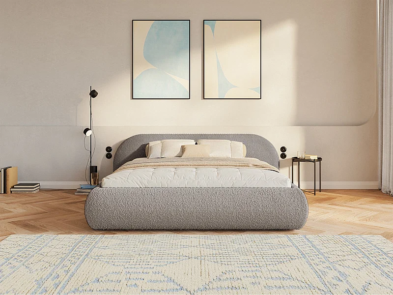 Lit rembourré 160x200 – avec coffre – en bouclé – gris beige – SHELS LOW