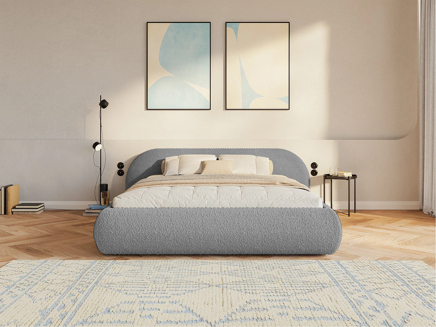 Lit rembourré 140x200 – avec coffre – en bouclé – gris – SHELS LOW