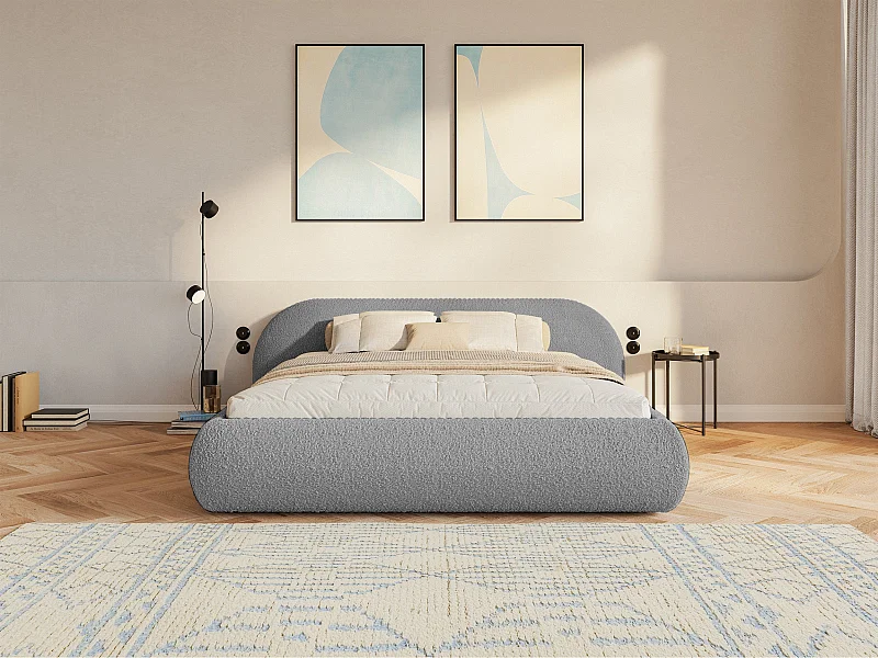 Lit rembourré 160x200 – avec coffre – en bouclé – gris – SHELS LOW