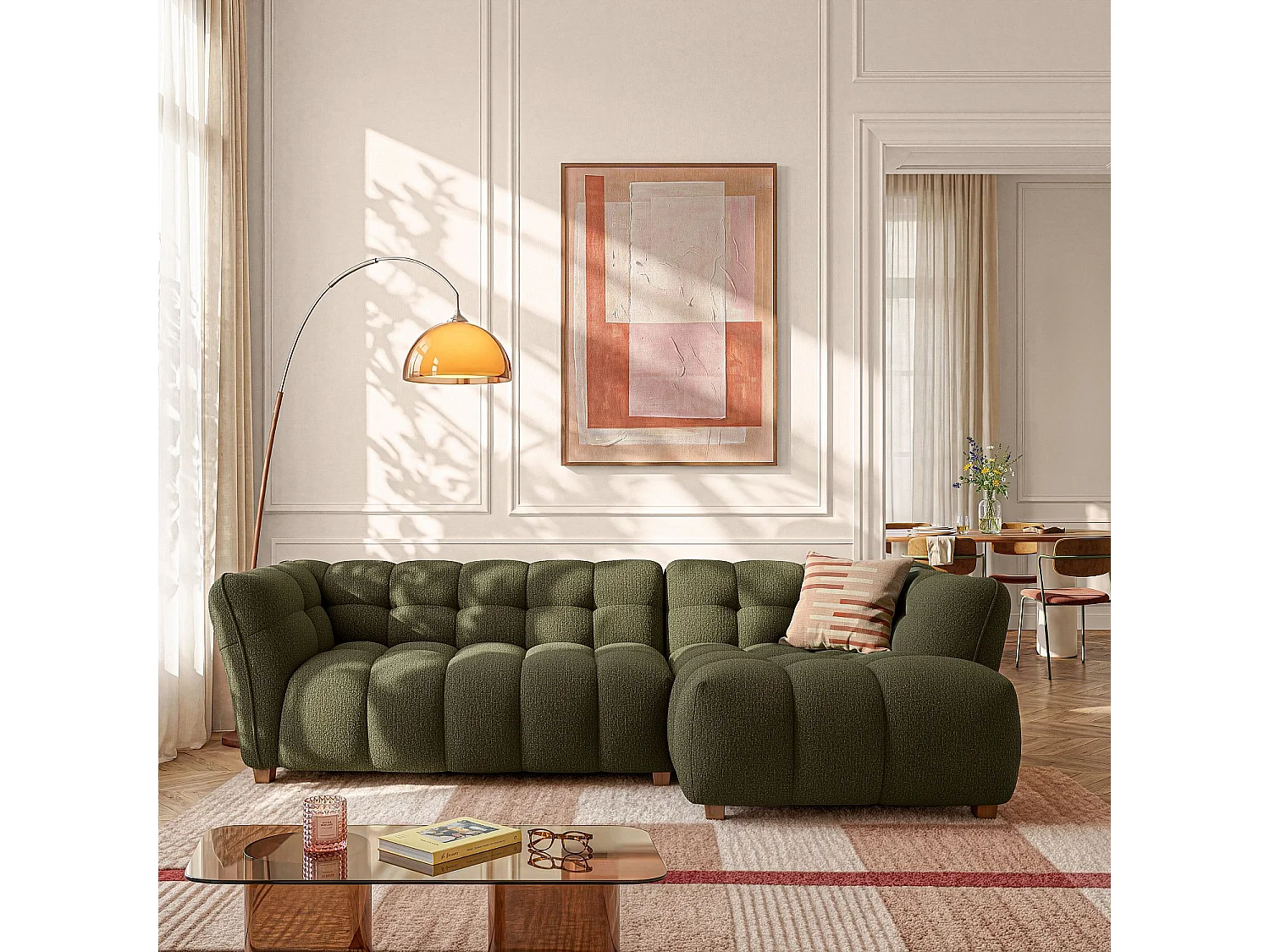 Habitat - Canapé d'angle droit en tissu bouclette courte Mira - Vert sapin - Dalvi