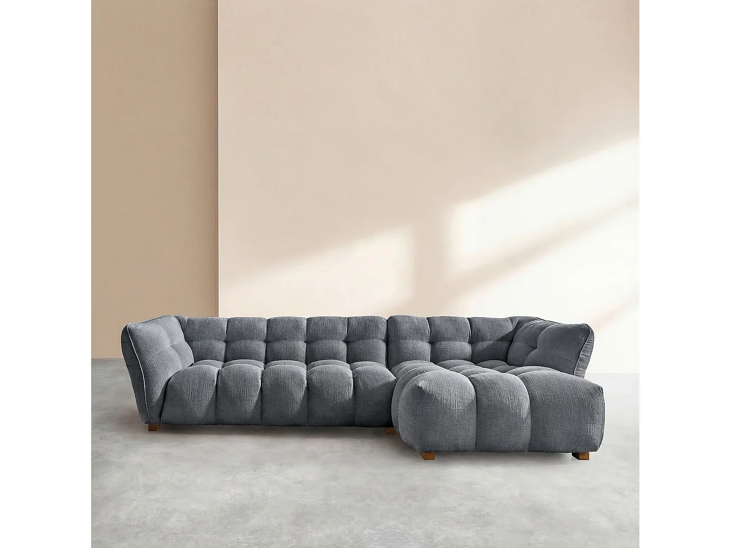 Canapé d'angle droit en tissu bouclette courte Mira - Bleu denim
