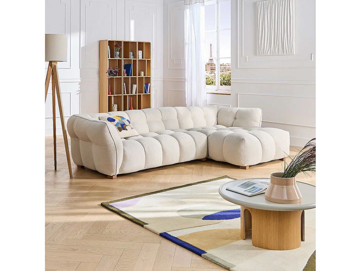 Canapé d'angle droit en tissu bouclette courte Mira - Bleu denim