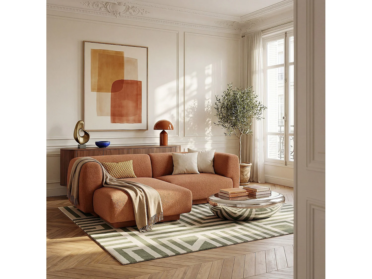Canapé d'angle gauche en tissu texturé - Terracotta - Design by Federica Francini