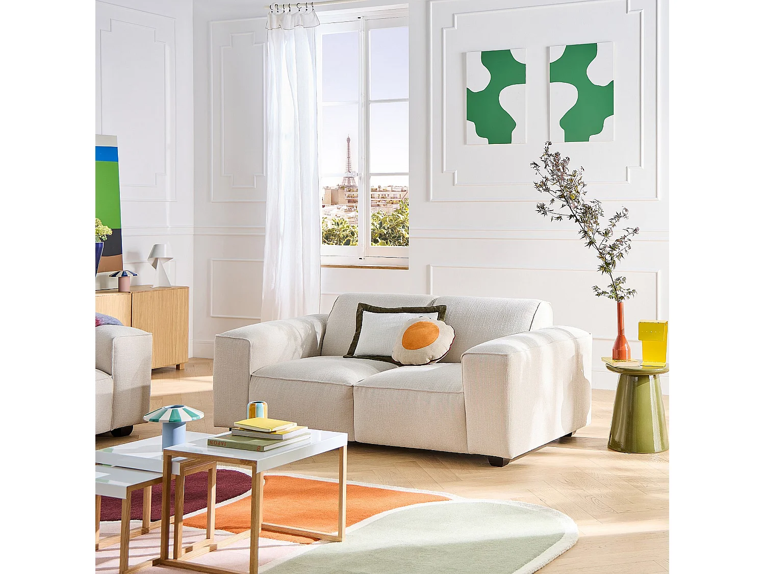 Canapé 2 places en tissu bouclette courte Mira - Bleu denim