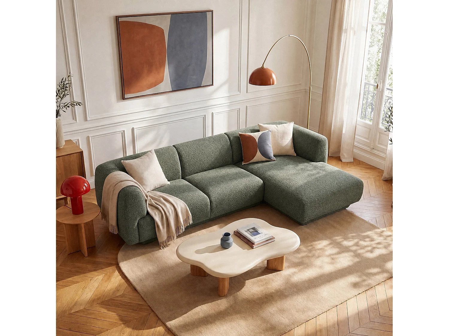 Grand canapé d'angle droit en tissu texturé - Vert sapin - Design by Federica Francini