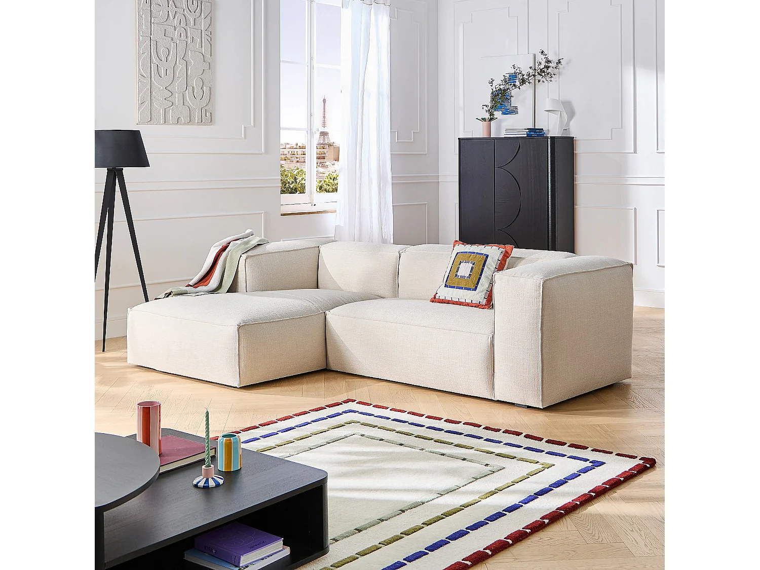 Habitat - Canapé d'angle gauche en tissu bouclette courte Mira - Gris perle - Edwin