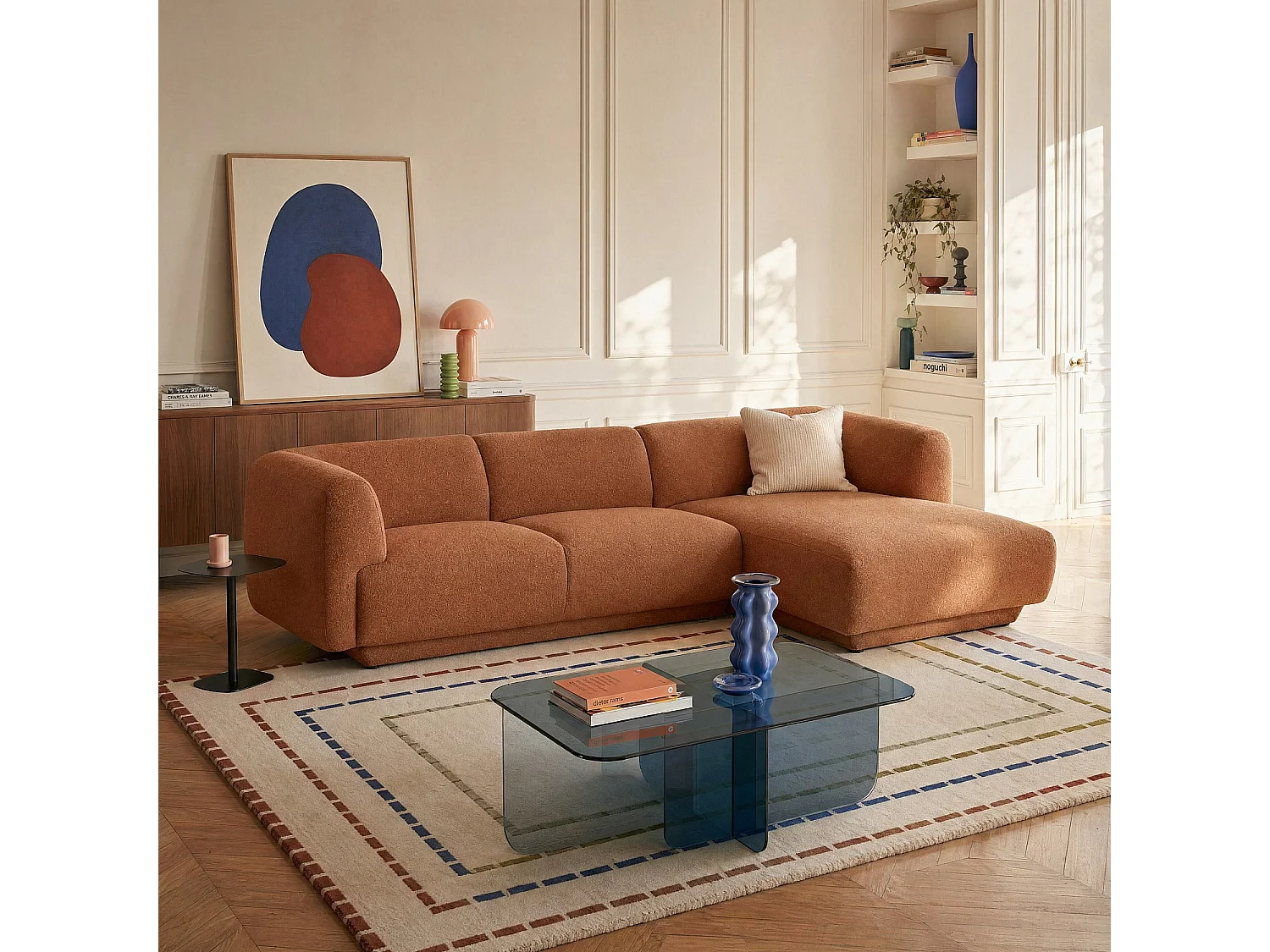 Grand canapé d'angle droit en tissu texturé - Terracotta - Design by Federica Francini