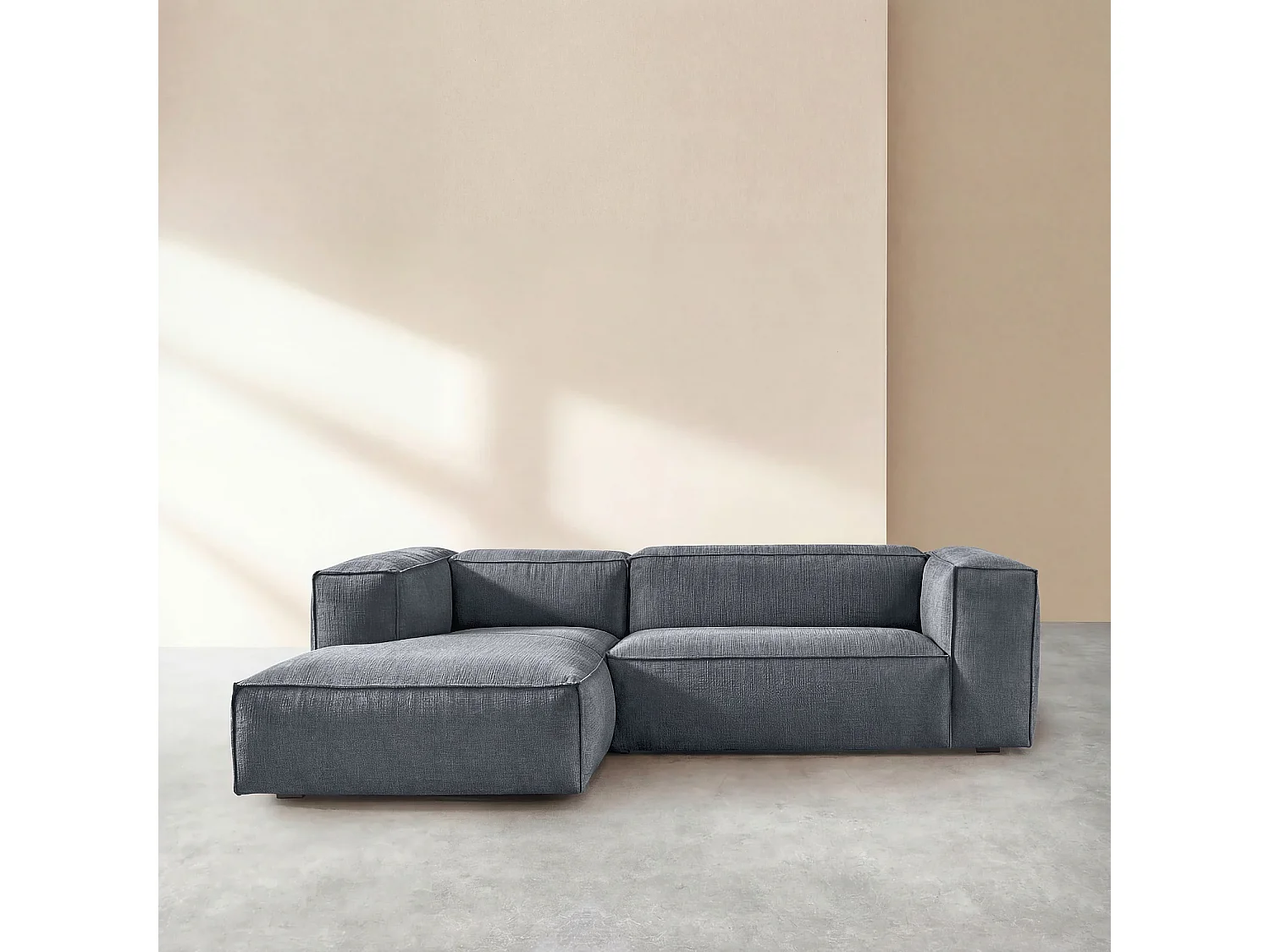 Canapé d'angle gauche en tissu bouclette courte Mira - Bleu denim