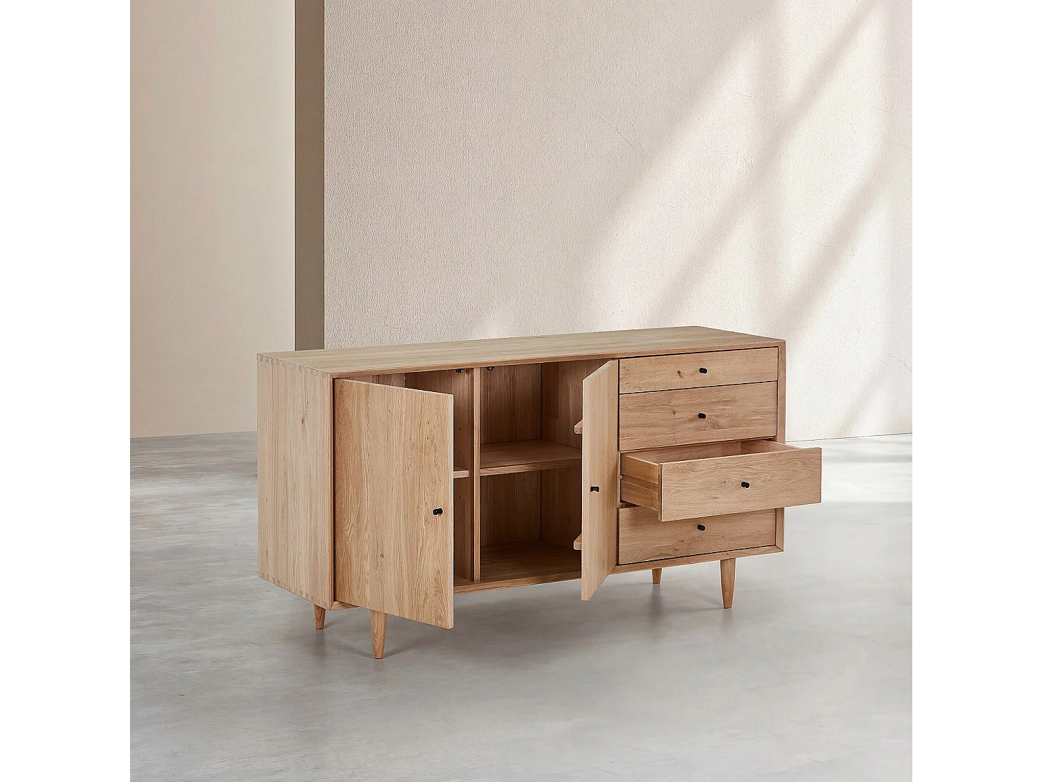 Buffet bas 2 portes et 4 tiroirs en chêne massif - Naturel