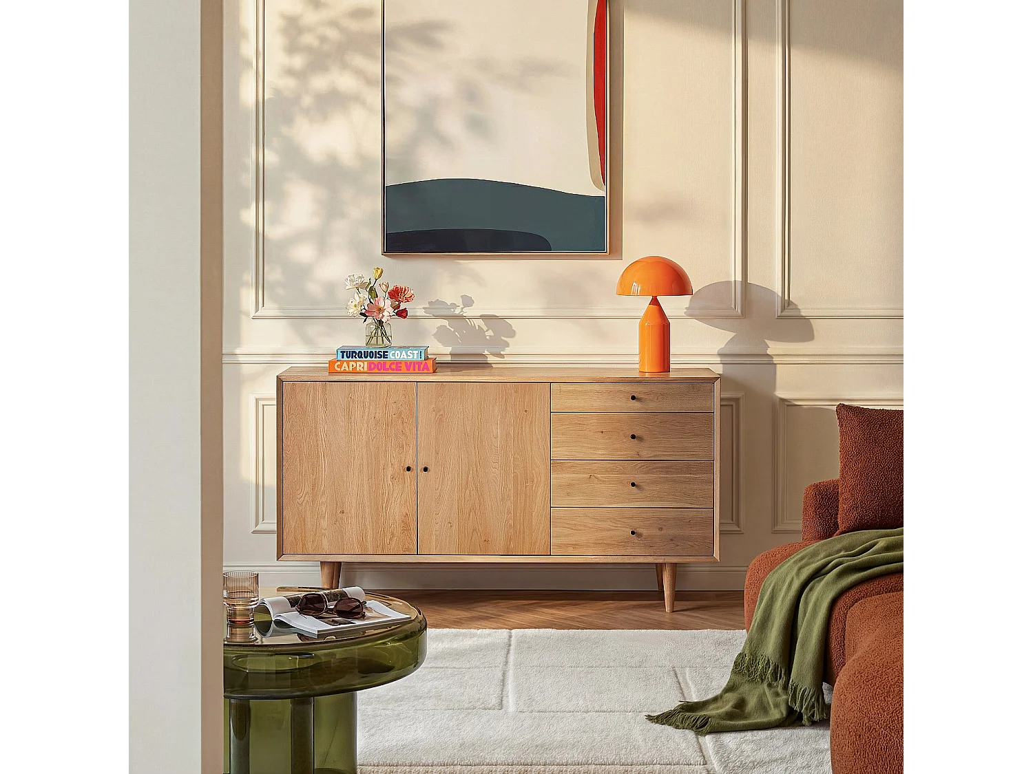 Buffet bas 2 portes et 4 tiroirs en chêne massif - Naturel