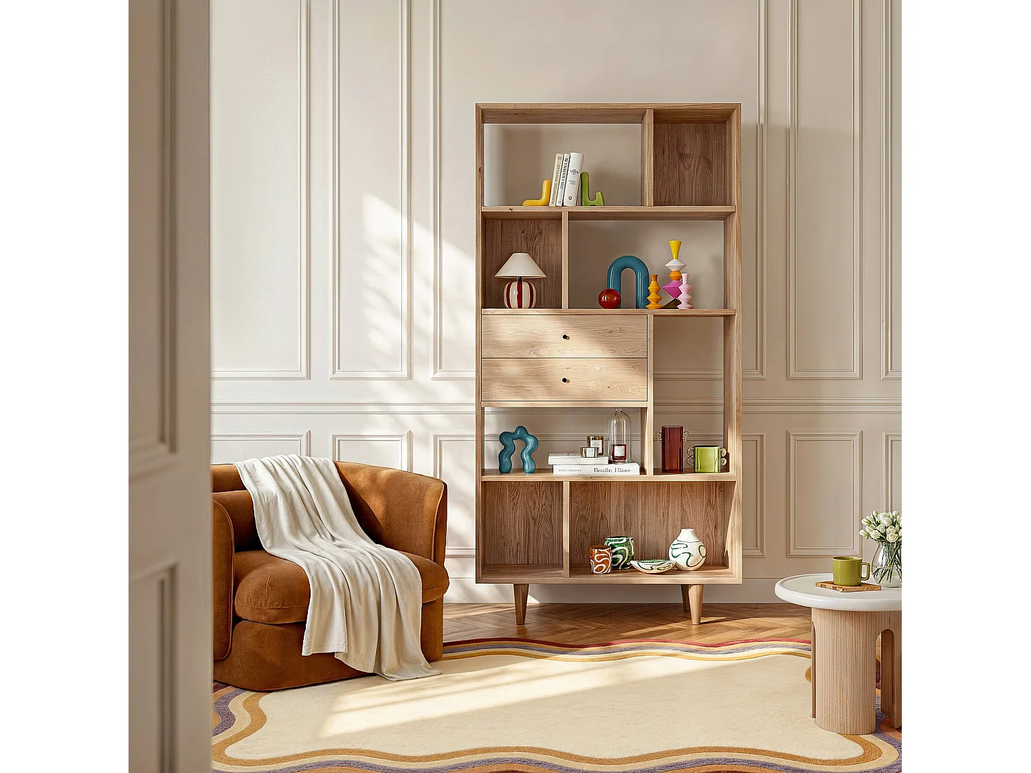 Habitat - Bibliothèque 2 tiroirs en chêne massif - Naturel - Eugenie