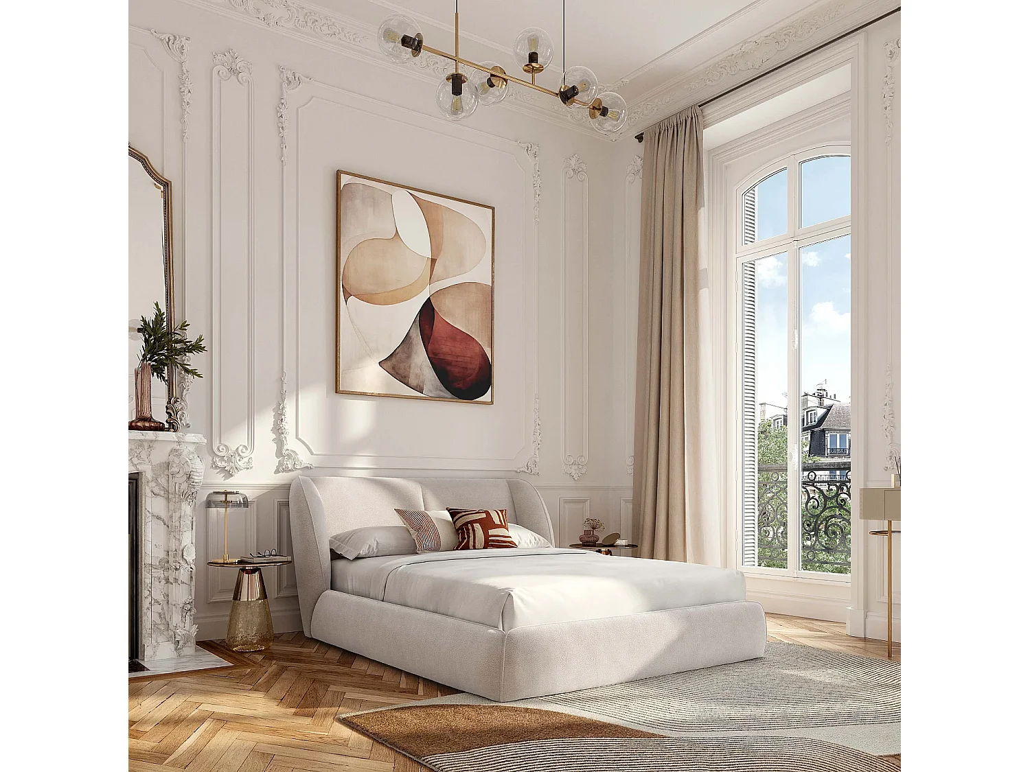 Ensemble lit coffre 160 x 200 cm en tissu bouclette courte et matelas hybride - Beige meringue
