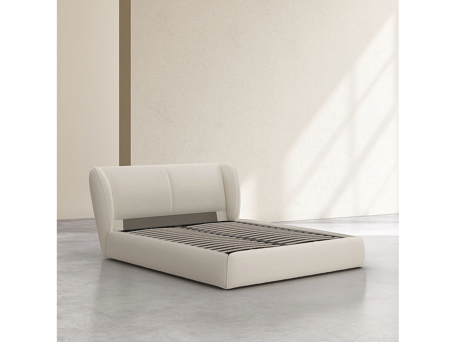 Ensemble lit coffre 160 x 200 cm en tissu bouclette courte et matelas hybride - Beige meringue