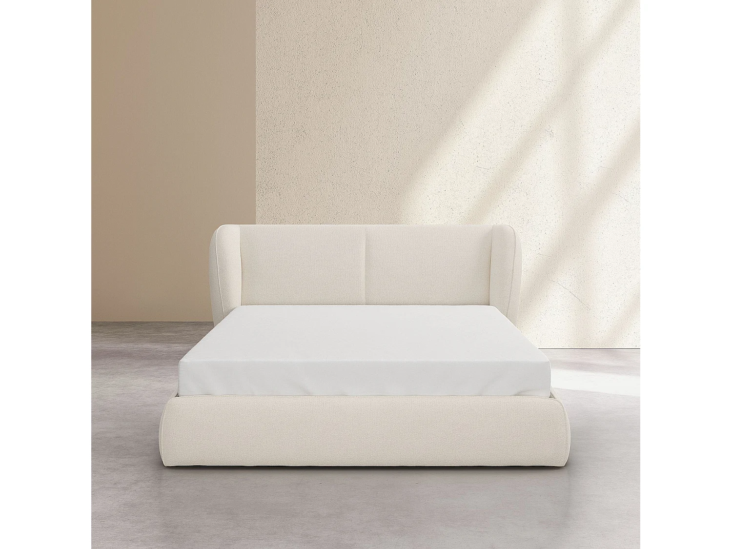 Ensemble lit coffre 160 x 200 cm en tissu bouclette courte et matelas hybride - Beige meringue