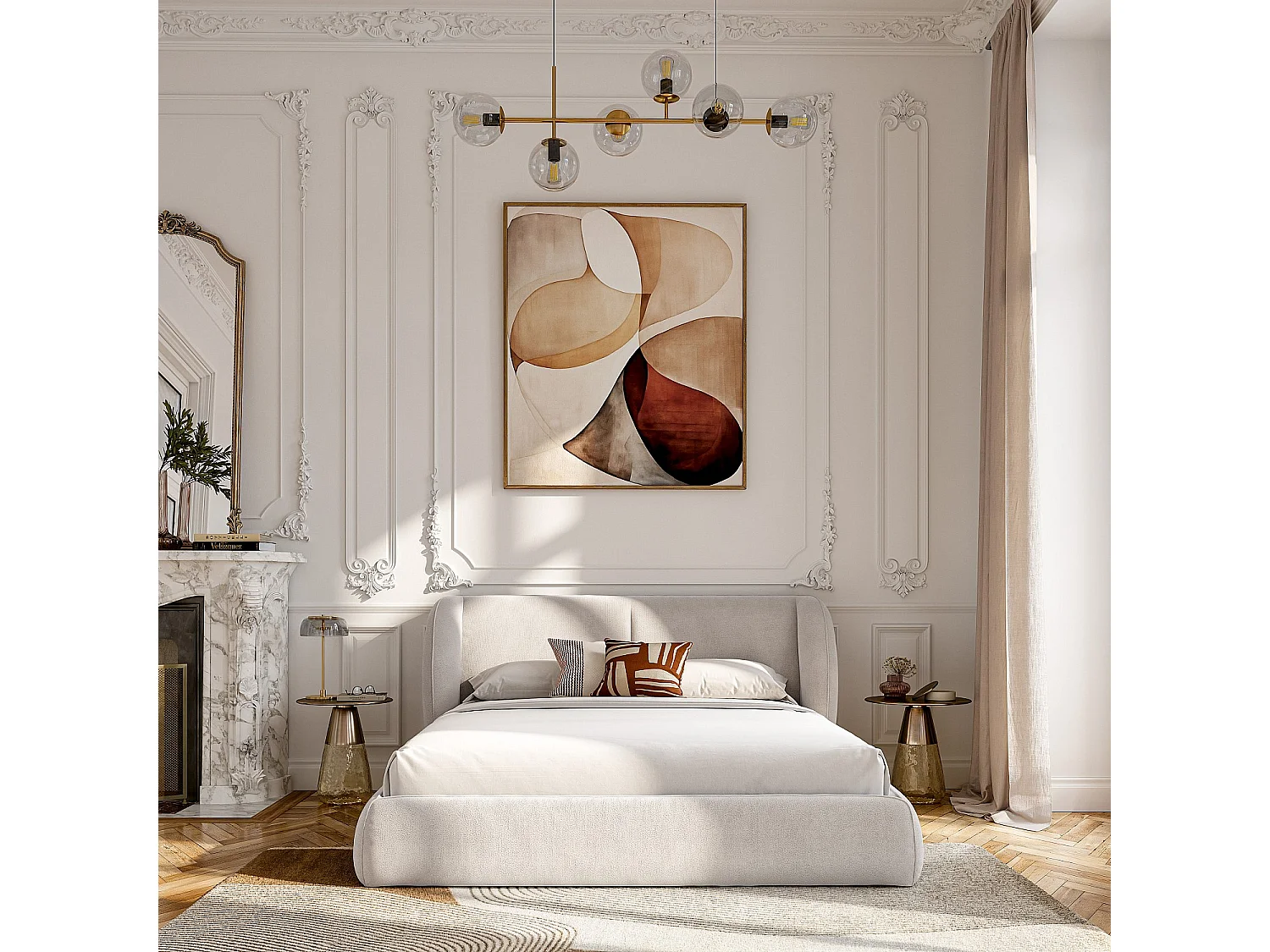 Ensemble lit coffre 180 x 200 cm en tissu bouclette courte et matelas hybride - Beige meringue