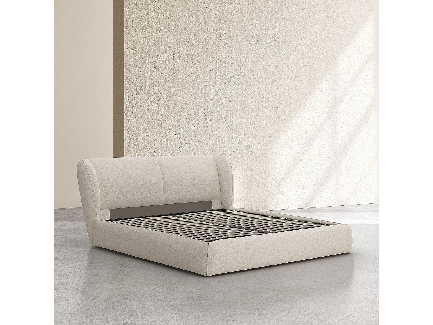 Ensemble lit coffre 180 x 200 cm en tissu bouclette courte et matelas hybride - Beige meringue