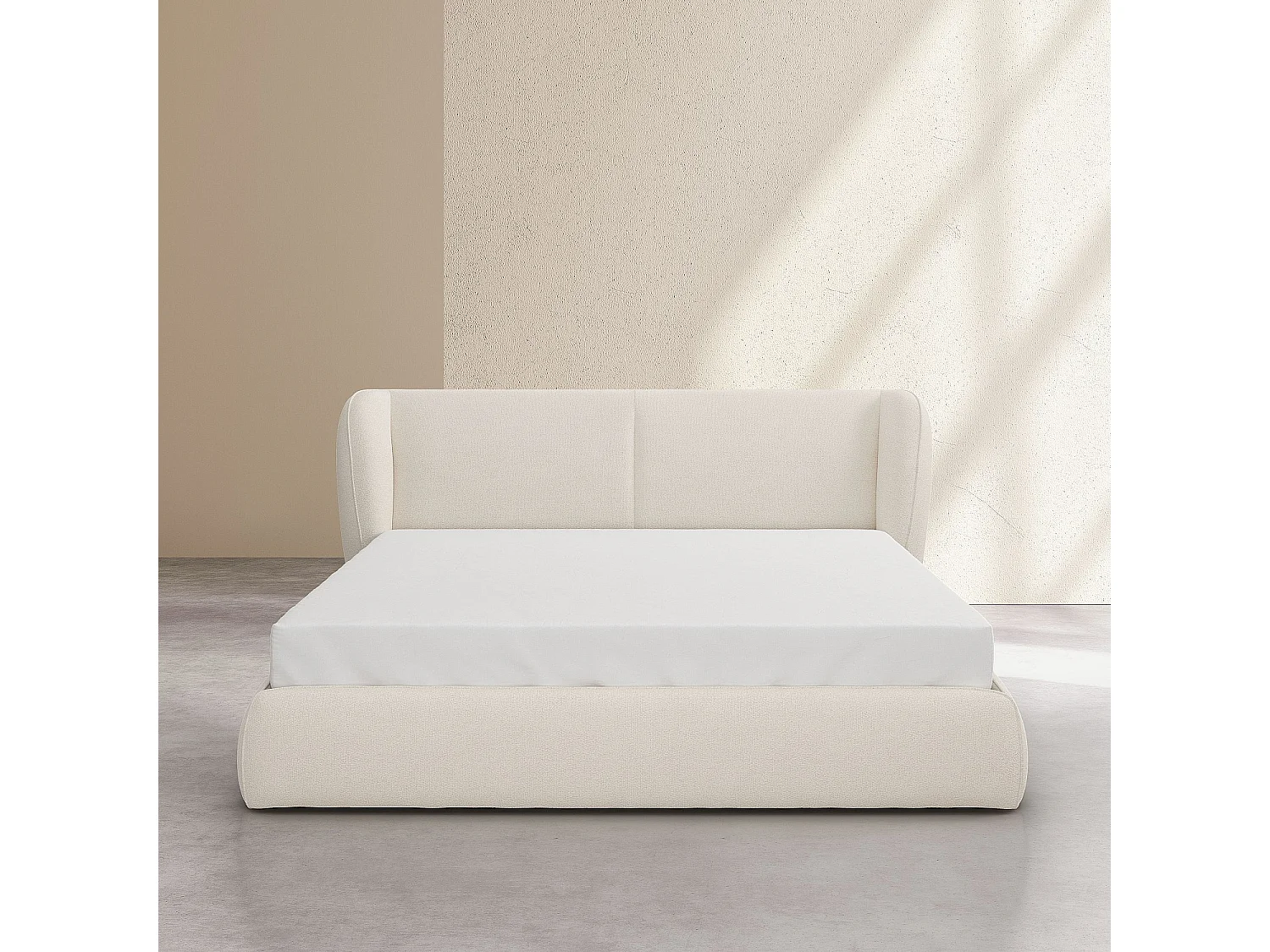Ensemble lit coffre 180 x 200 cm en tissu bouclette courte et matelas hybride - Beige meringue