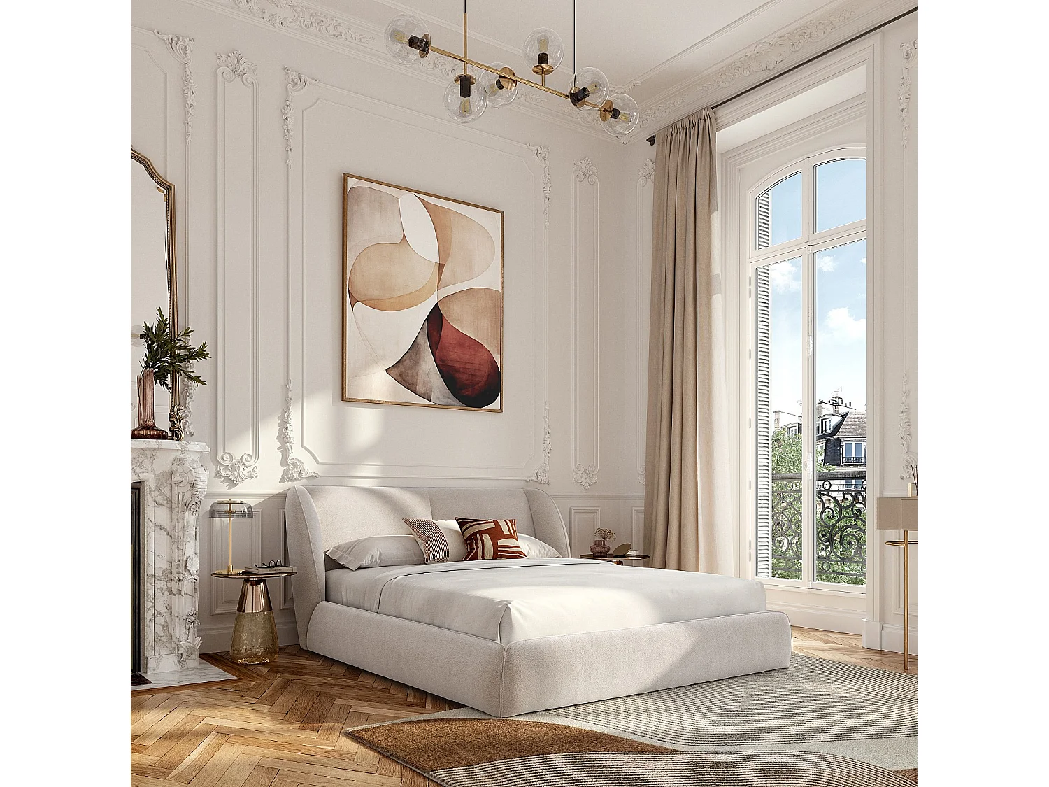 Ensemble lit coffre 180 x 200 cm en tissu bouclette courte et matelas hybride - Beige meringue