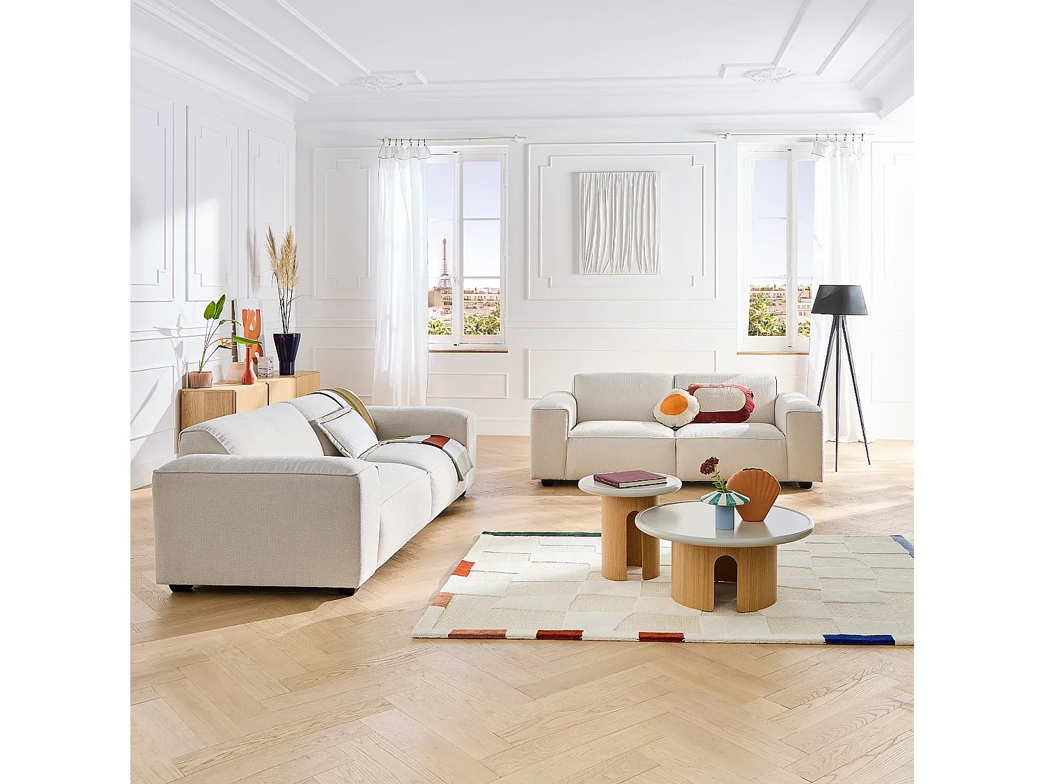 Ensemble de canapés 2 et 3 places en tissu bouclette courte Mira - Ivoire