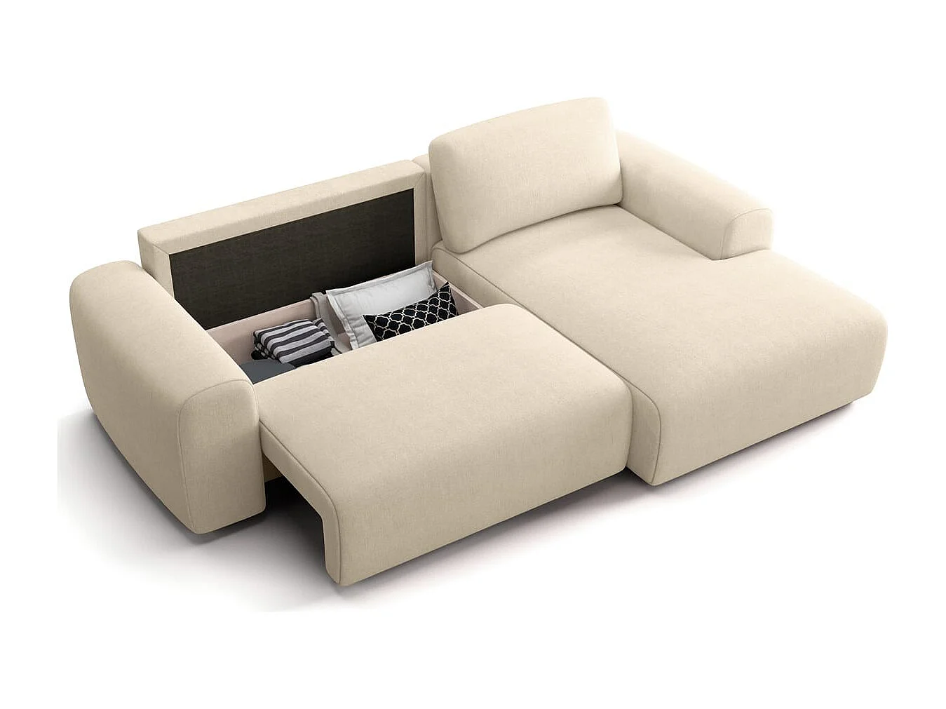 Canapé d'angle réversible convertible 5 places avec coffre de rangement en tissu chenille beige - Luno