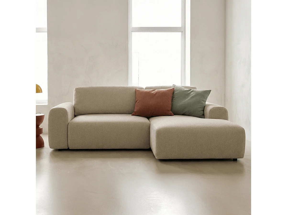 Canapé d'angle réversible convertible 5 places avec coffre de rangement en tissu chenille beige - Luno