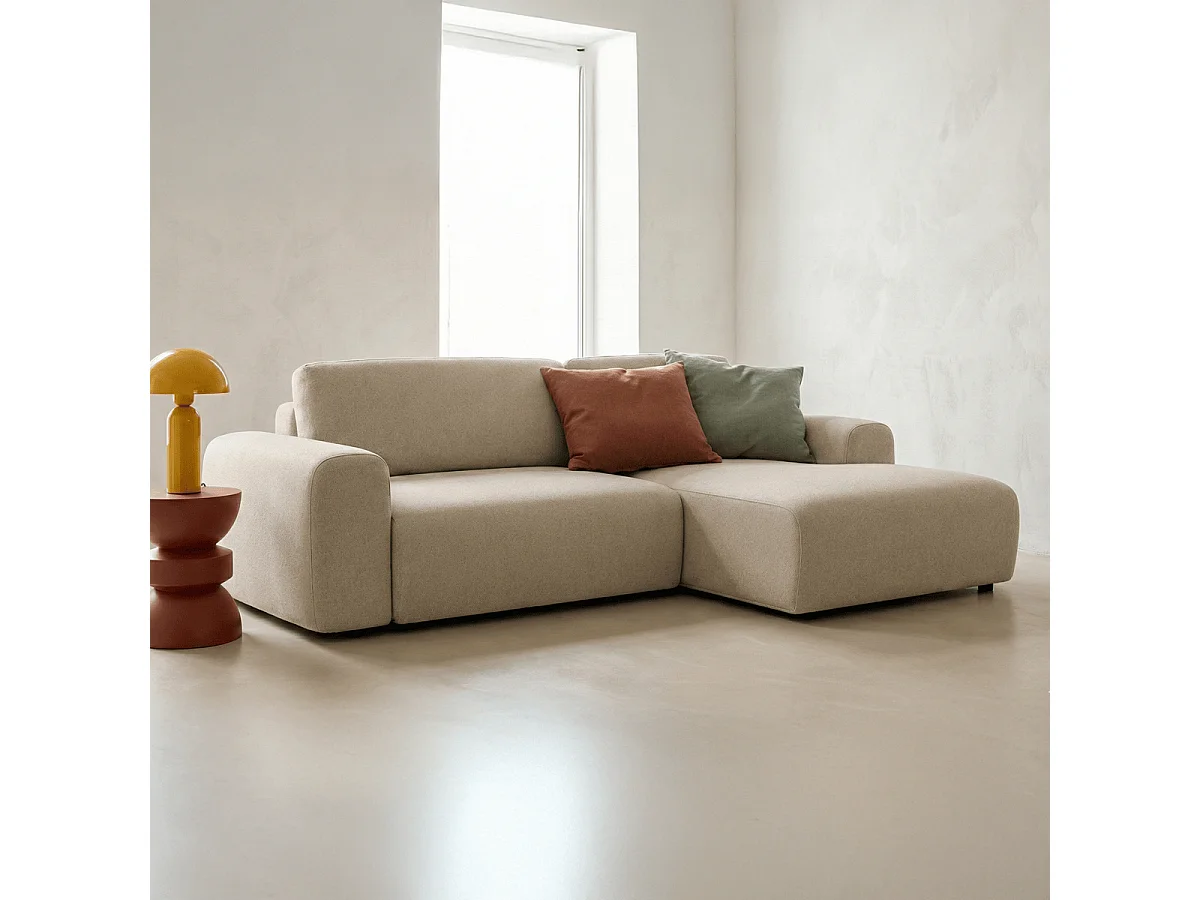 Canapé d'angle réversible convertible 5 places avec coffre de rangement en tissu chenille beige - Luno