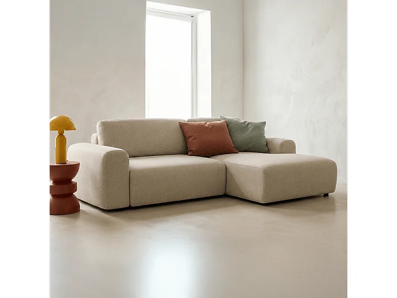 Canapé d'angle réversible convertible 5 places avec coffre de rangement en tissu chenille beige - Luno