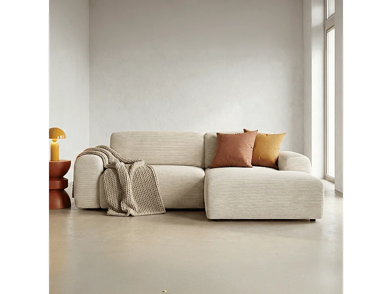 Canapé d'angle réversible convertible 5 places avec coffre de rangement en velours côtelé beige - Luno