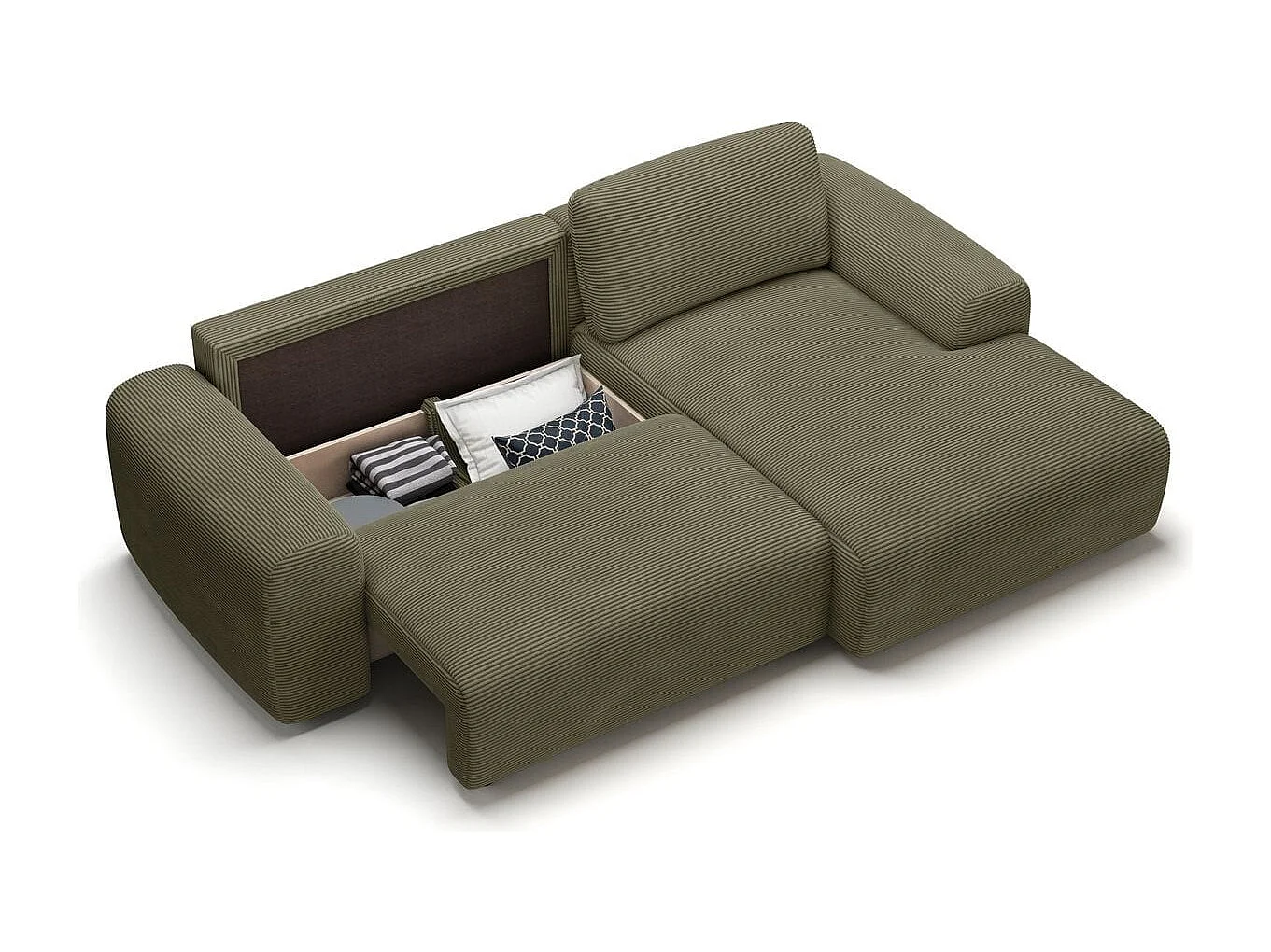 Canapé d'angle réversible convertible 5 places avec coffre de rangement en velours côtelé vert kaki - Luno