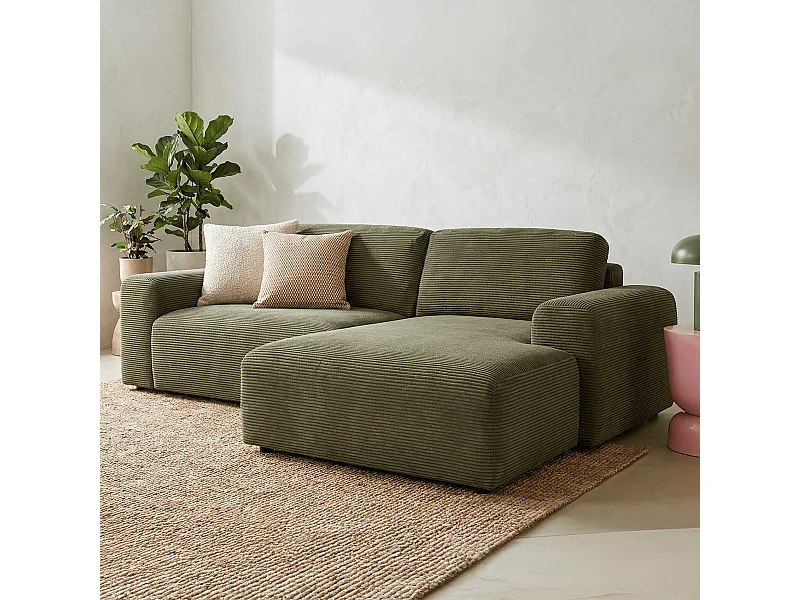 Canapé d'angle réversible convertible 5 places avec coffre de rangement en velours côtelé vert kaki - Luno