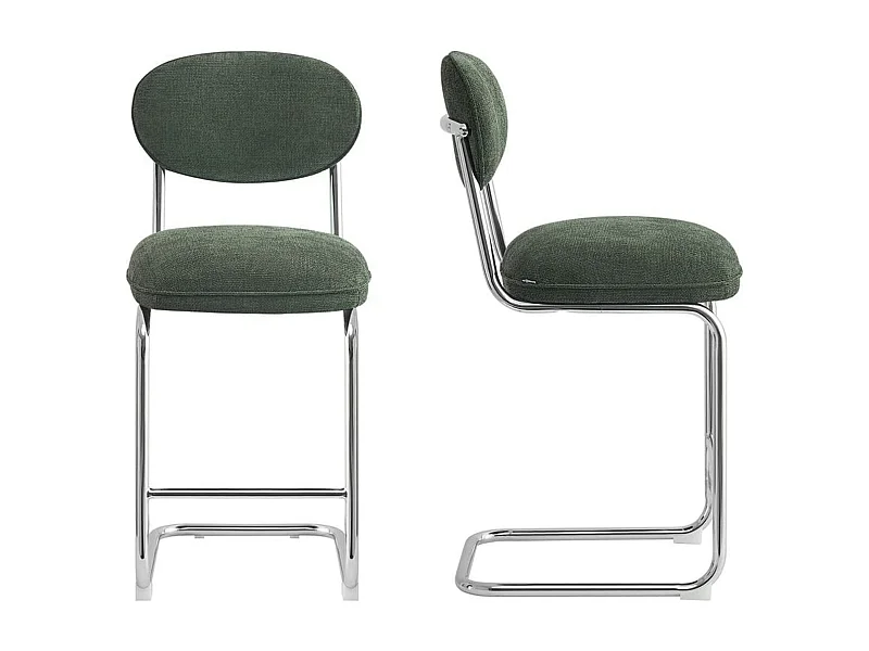 Lot de 2 tabourets de bar en tissu chenille vert, piètement chromé - Lou