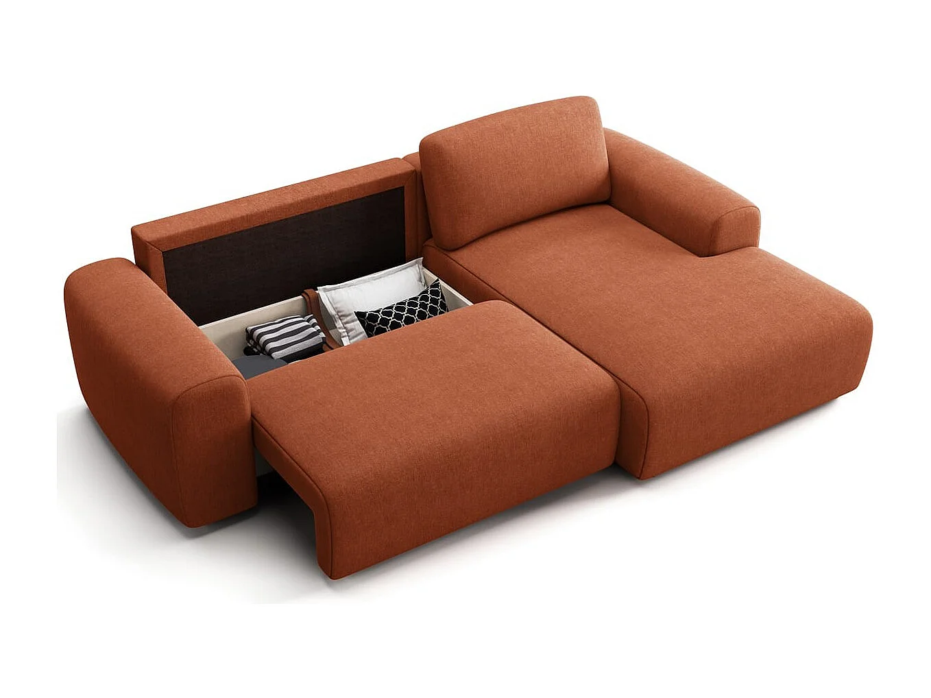 Canapé d'angle réversible convertible 5 places avec coffre de rangement en tissu chenille terracotta - Luno