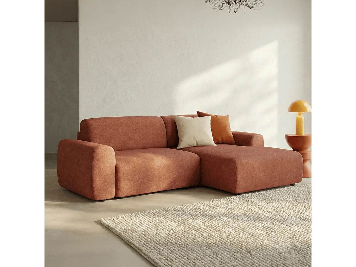 Canapé d'angle réversible convertible 5 places avec coffre de rangement en tissu chenille terracotta - Luno