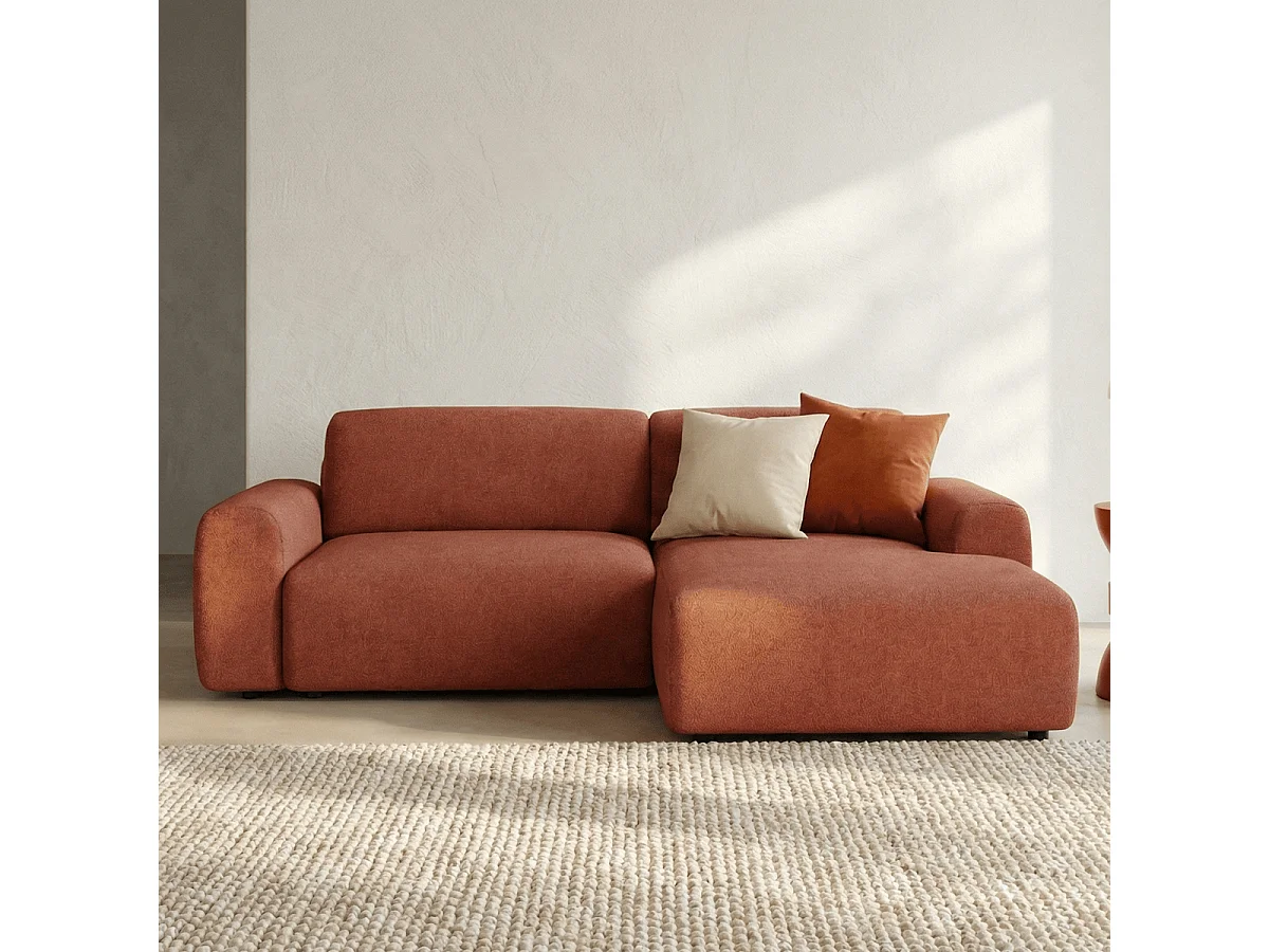 Canapé d'angle réversible convertible 5 places avec coffre de rangement en tissu chenille terracotta - Luno