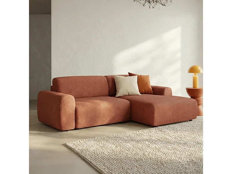 Canapé d'angle réversible convertible 5 places avec coffre de rangement en tissu chenille terracotta - Luno