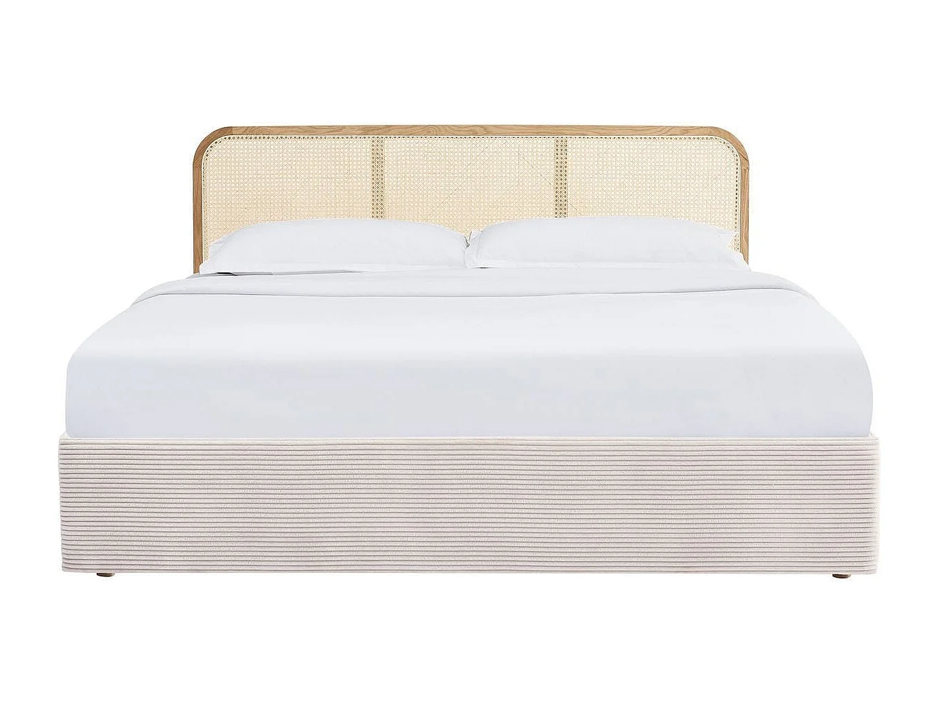 Lit coffre adulte 160x200 cm en velours côtelé beige avec tête de lit en bois et cannage - Elsa