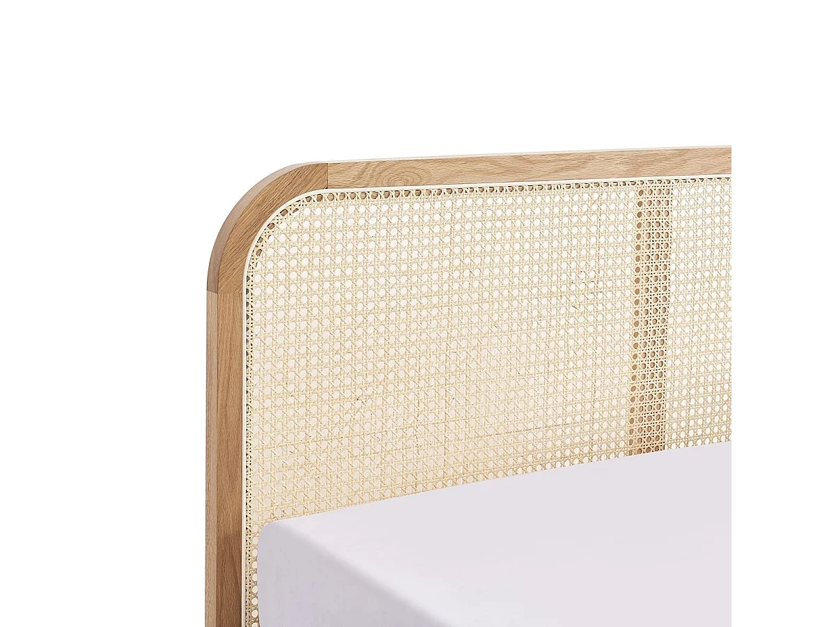 Lit coffre adulte 160x200 cm en velours côtelé beige avec tête de lit en bois et cannage - Elsa