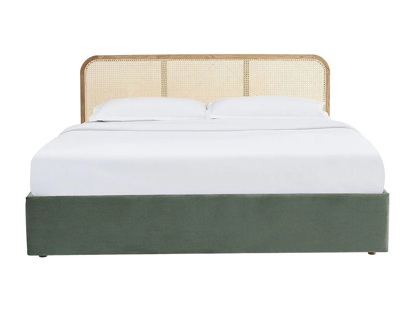 Lit coffre adulte 180x200 cm en velours côtelé vert kaki avec tête de lit en bois et cannage - Elsa
