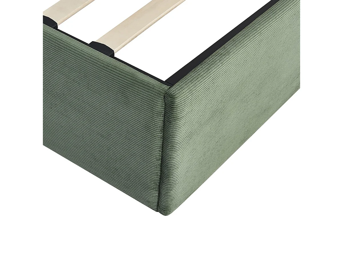 Lit coffre adulte 180x200 cm en velours côtelé vert kaki avec tête de lit en bois et cannage - Elsa