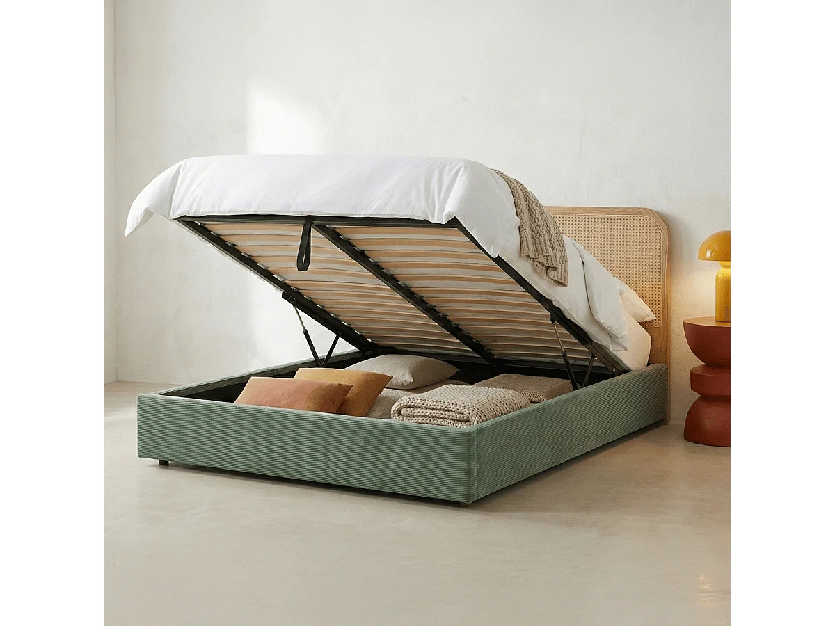 Lit coffre adulte 180x200 cm en velours côtelé vert kaki avec tête de lit en bois et cannage - Elsa