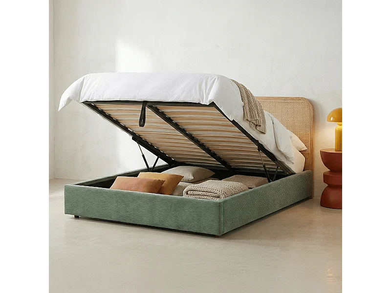 Lit coffre adulte 180x200 cm en velours côtelé vert kaki avec tête de lit en bois et cannage - Elsa
