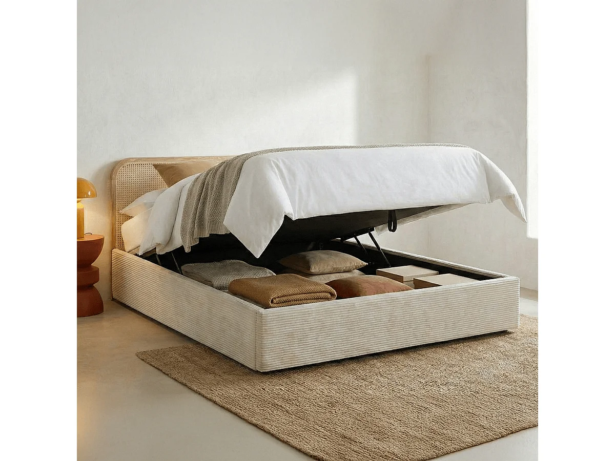 Lit coffre adulte 180x200 cm en velours côtelé beige avec tête de lit en bois et cannage - Elsa