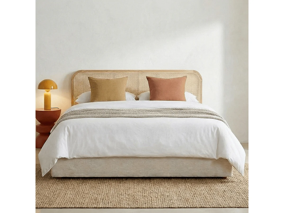 Lit coffre adulte 180x200 cm en velours côtelé beige avec tête de lit en bois et cannage - Elsa