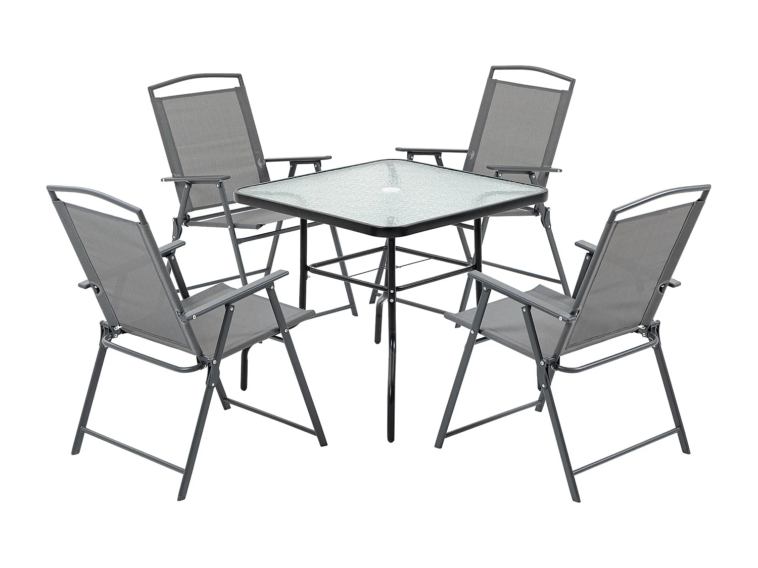 EasyComfort Set Tavolo con 4 Sedie da Giardino Pieghevoli e Foro per Ombrellone, Nero