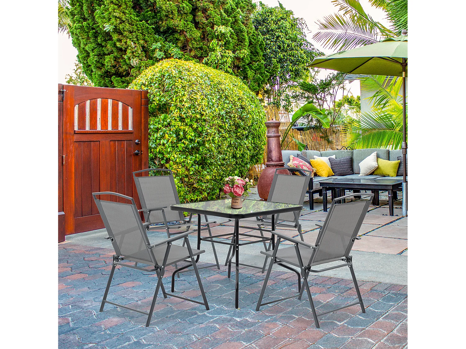 EasyComfort Set Tavolo con 4 Sedie da Giardino Pieghevoli e Foro per Ombrellone, Nero