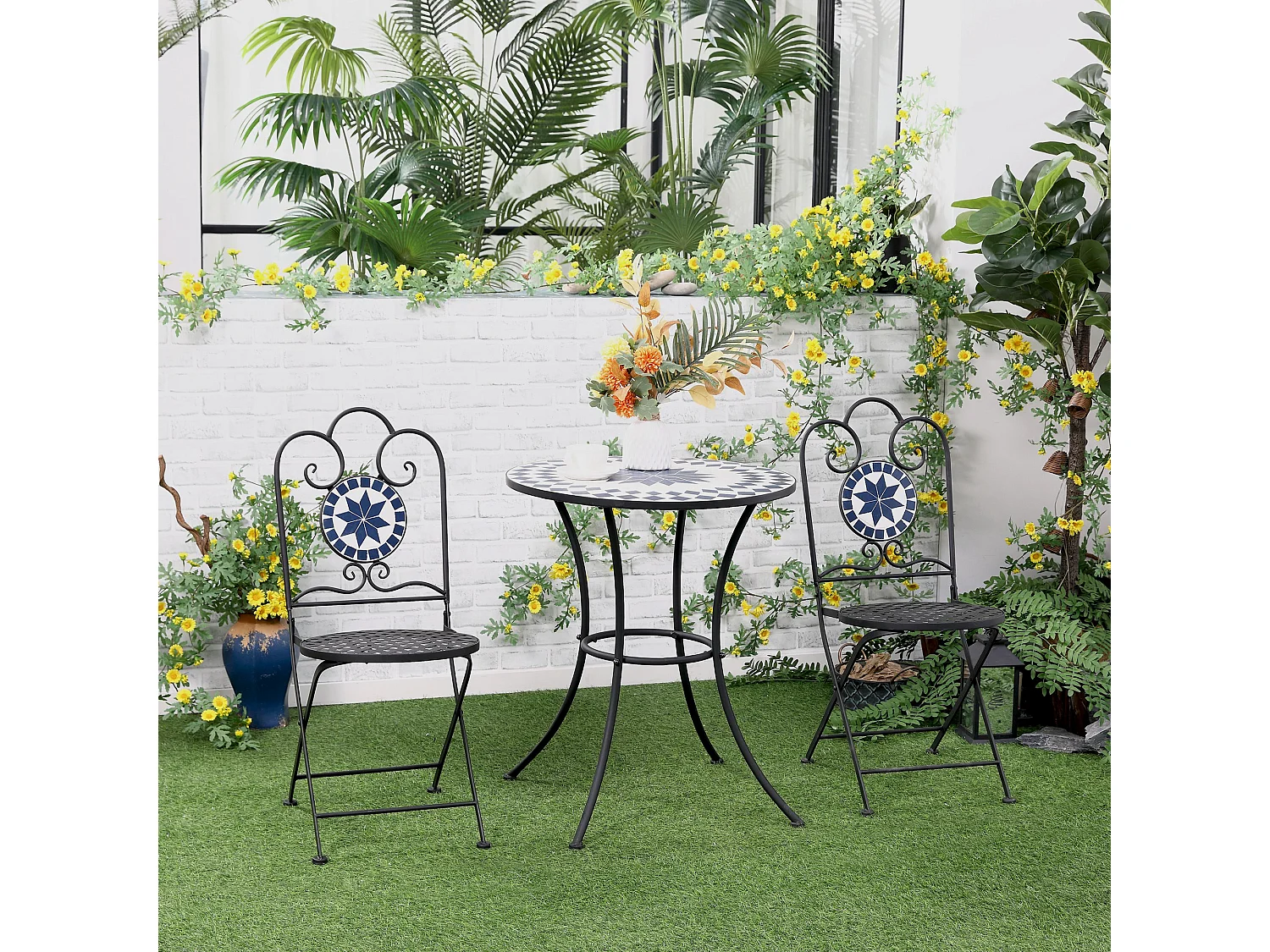 EasyComfort Set da Giardino 3 Pezzi con 2 Sedie Pieghevoli e 1 Tavolino Rotondo a Mosaico